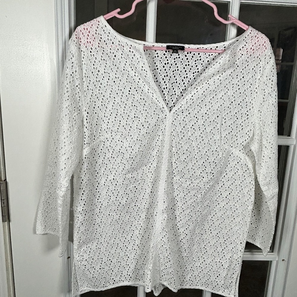 Talbots White Eyelet Lace Top Coastal Grandma Cottagecore Blouse Size M